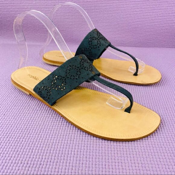Sophia Milano Laser Cut Suede Thong Sandals Blue Black 8.5 - Picture 1 of 9